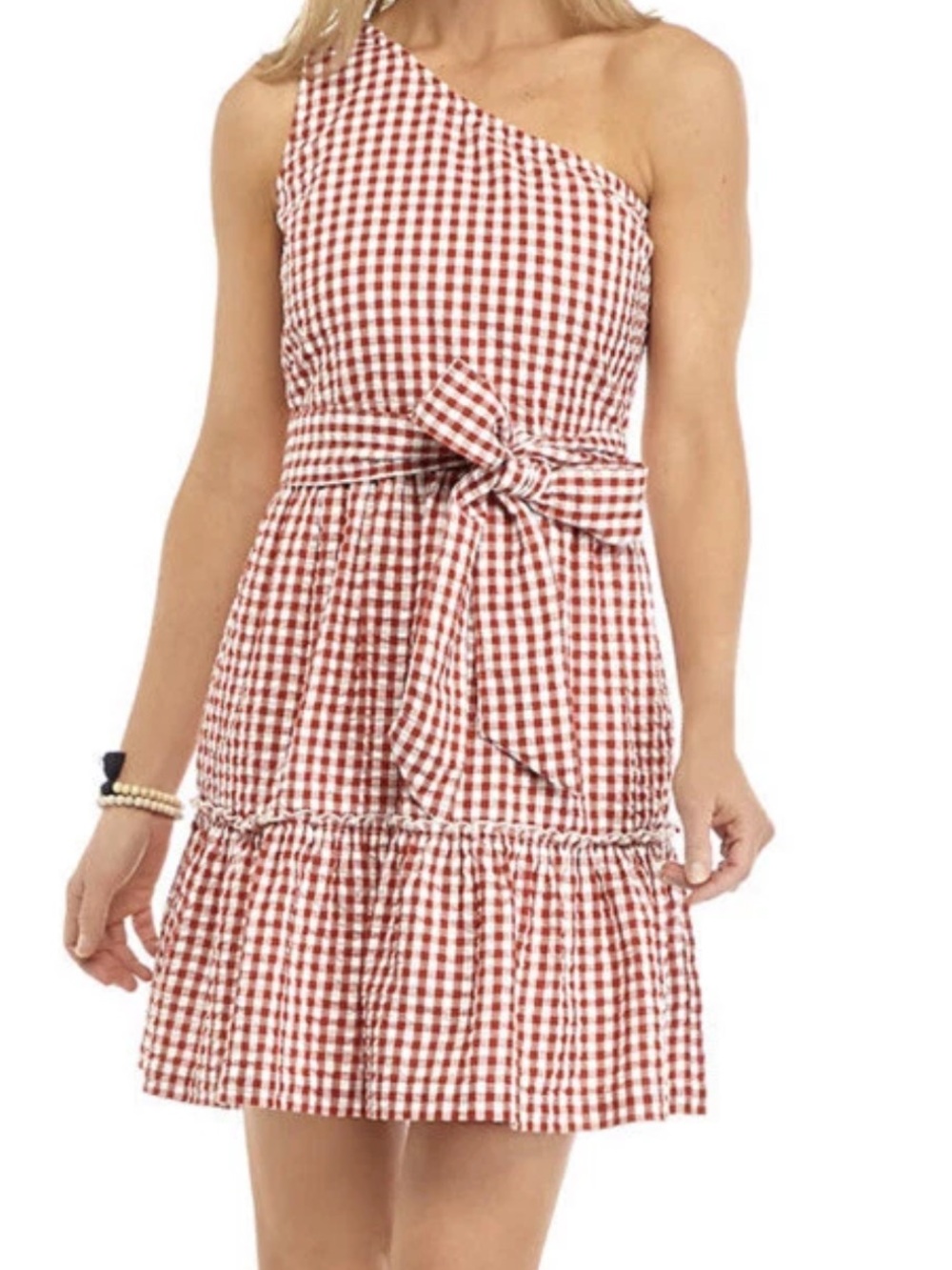 Crown & Ivy Red Gingham One Shoulder Dress Size 14 100% Cotton Belted Ruffle hem